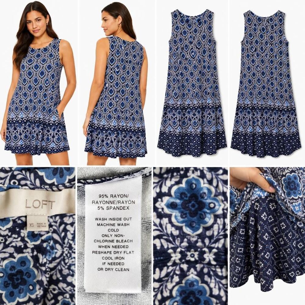 LOFT Women’s Sleeveless Floral Print Dress XS Blue Boho Swing Tank Dress Rayon B